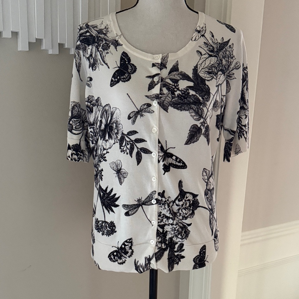 Talbots Woman Pima Cotton Butterfly Floral Print Short Sleeve Cardigan Plus X